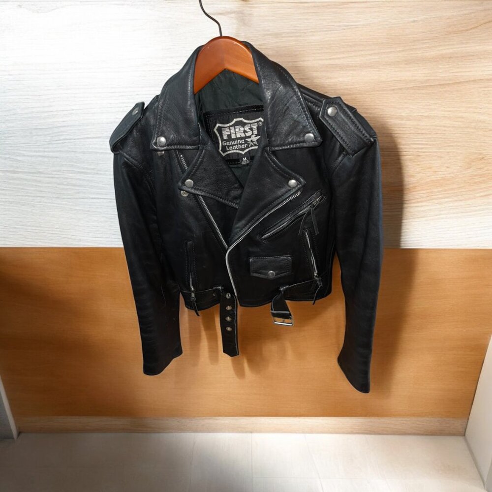 Vintage 90s First Brand Black Leather Women's Medium Motorcycle Jacket